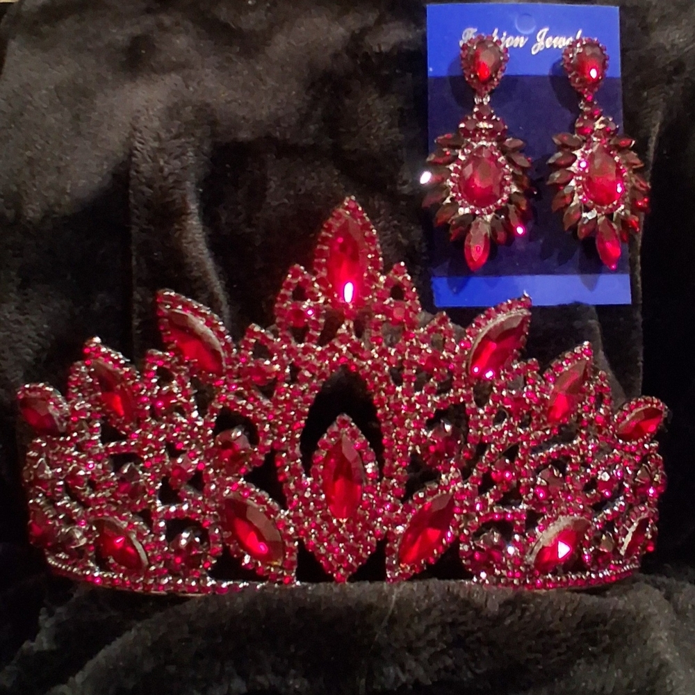 (NNU) Henna Bridal Crown Stunning Burgundy Crystal Crown and Earrings Set